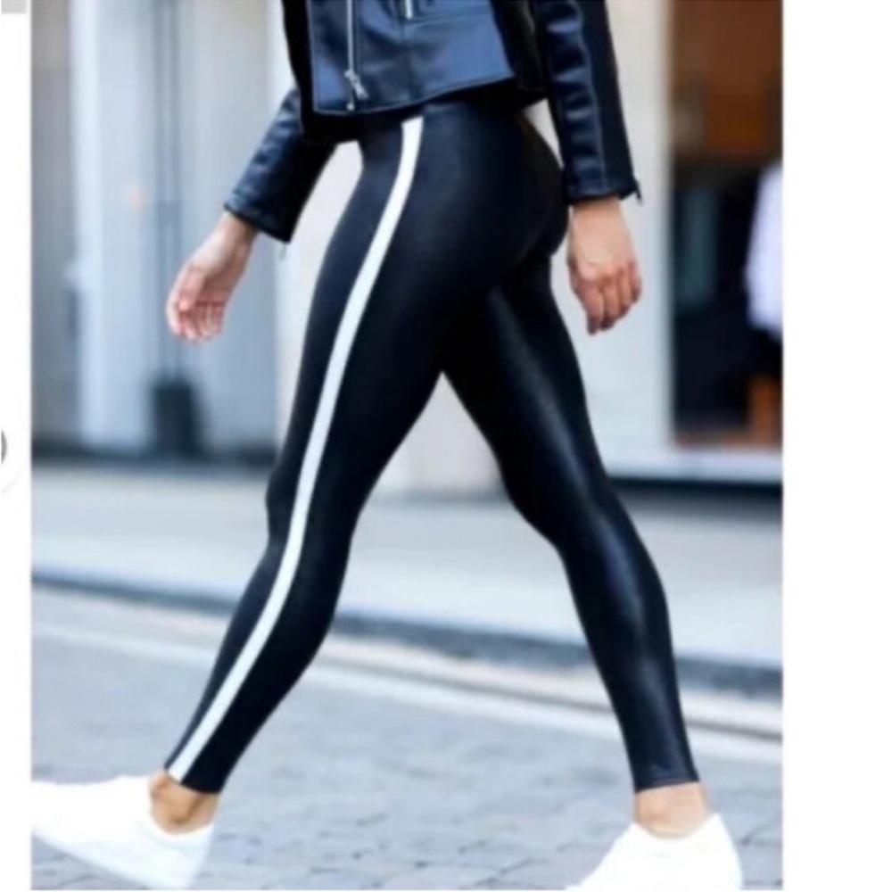 SPANX Faux Leather Side Stripe Leggings Black High Rise Shaping Size Medium